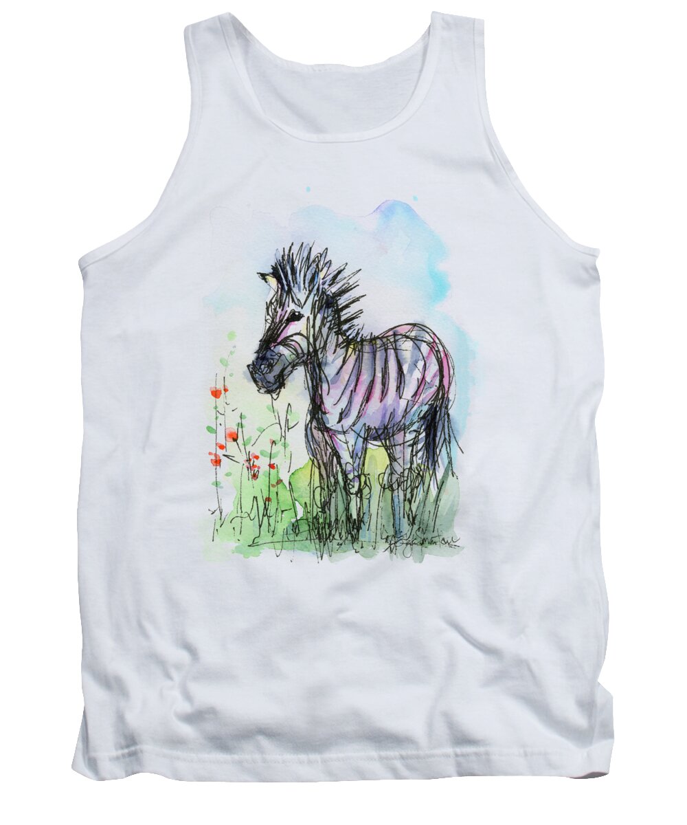 Zebra Tank Top featuring the painting Zebra Painting Watercolor Sketch by Olga Shvartsur