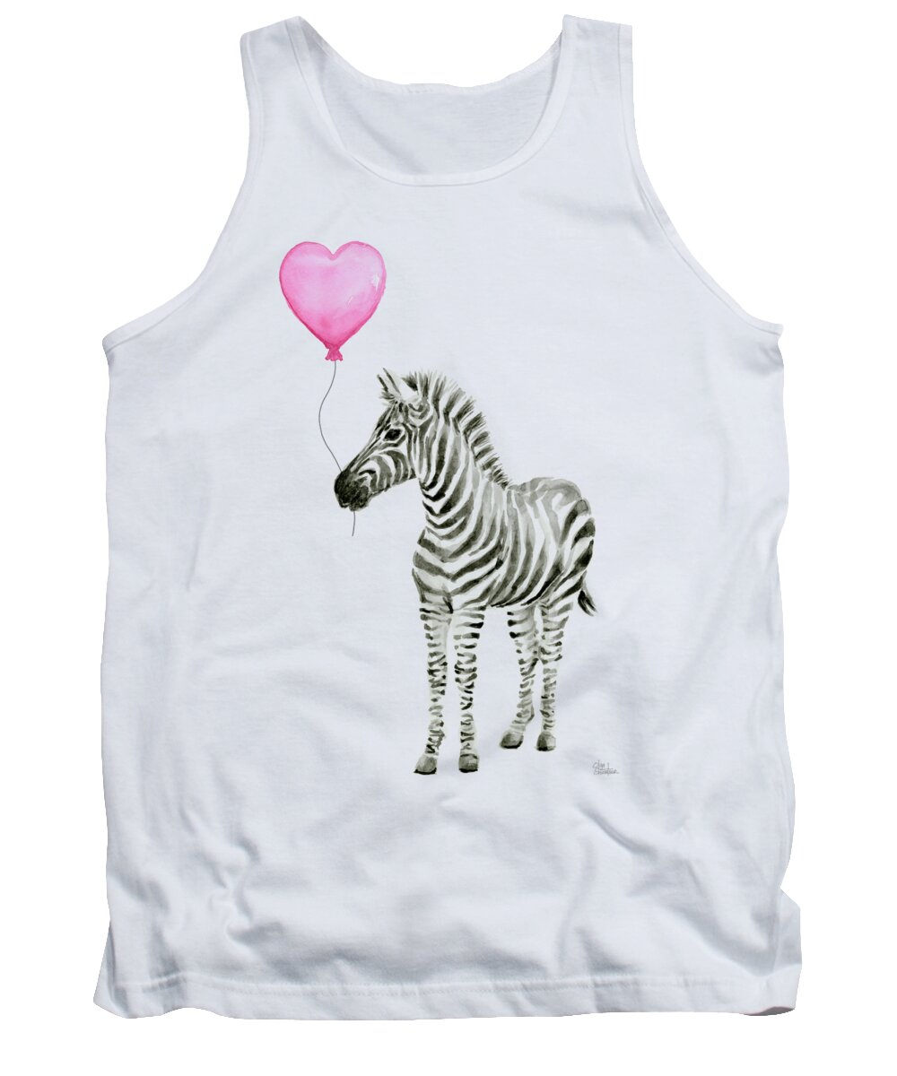 Zebra Tank Top featuring the painting Zebra Watercolor Whimsical Animal with Balloon by Olga Shvartsur