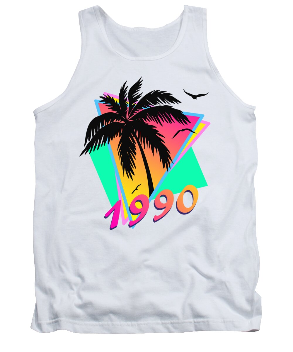 This Cool Design Features Classic Vintage 80s Style Summer Sunset Pop Art Inspired By Retro Vhs Tapes Of Famous Tv Shows And Movie Posters. A Palm Tree By The Ocean And Seagulls In Front Of The Glow Of The Sun. This Colorful Print In Yellow Tank Top featuring the digital art 1990 Cool Tropical Sunset by Megan Miller
