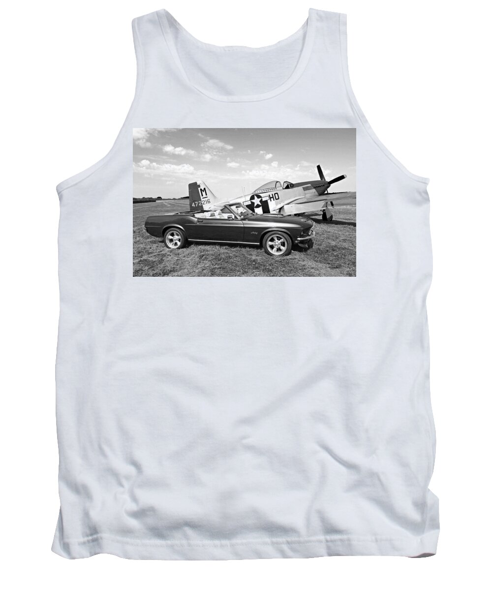 P-51 Tank Top featuring the photograph 69 Mustang Convertible With p-51 in Black And White by Gill Billington