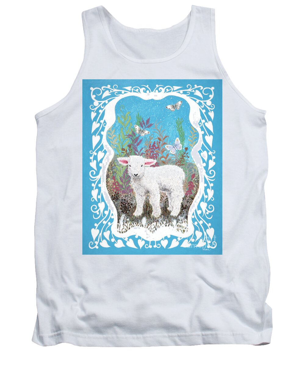 Lise Winne Tank Top featuring the painting Baby Lamb with White Butterflies by Lise Winne