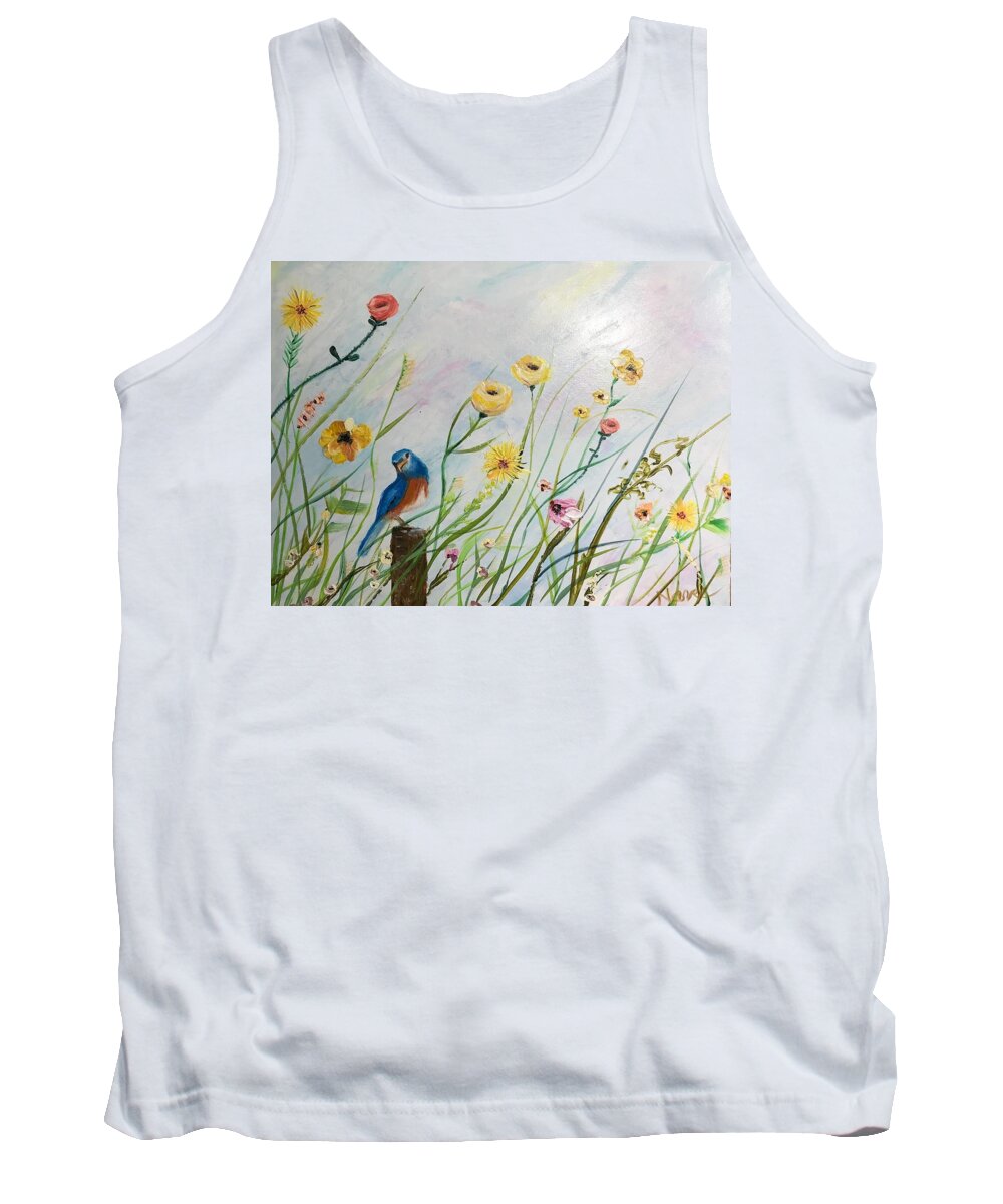 Bird Tank Top featuring the painting Bluebird in the Wild Flowers by Deborah Naves