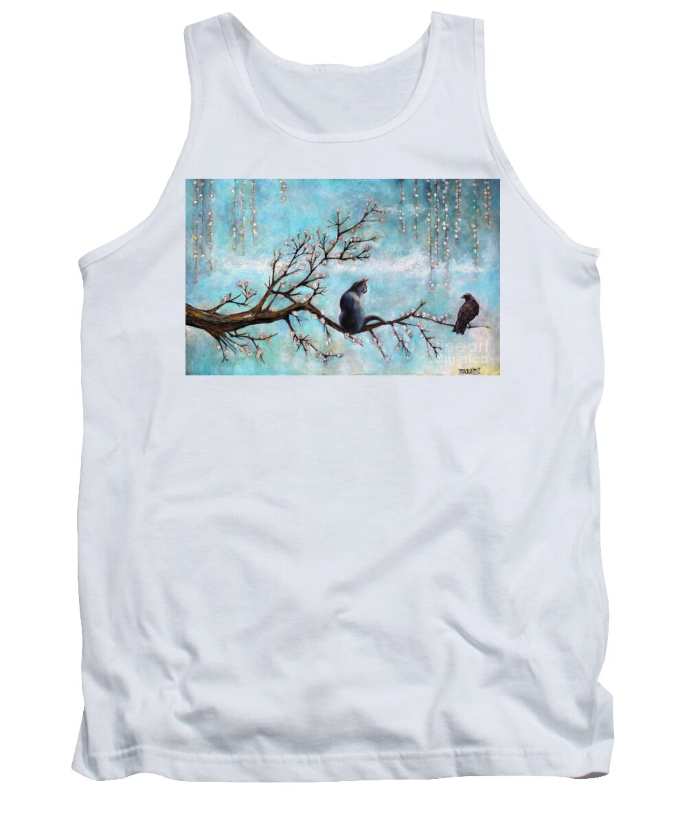 Cat Tank Top featuring the painting Cat and Crow by Manami Lingerfelt