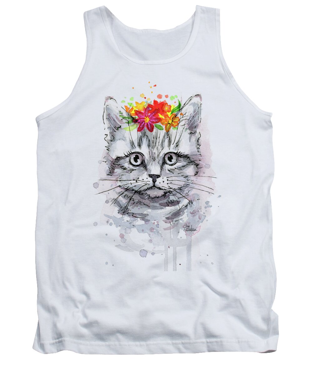 Cat Tank Top featuring the painting Cat with Flowers by Olga Shvartsur