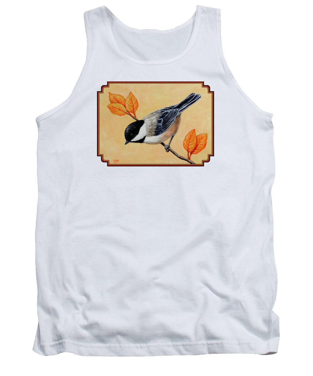 Bird Tank Top featuring the painting Chickadee and Autumn Leaves by Crista Forest