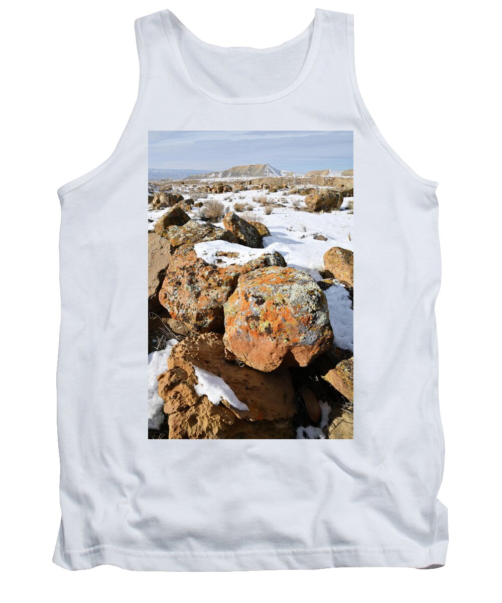 Book Cliffs Tank Top featuring the photograph Colorful Lichen Covered Boulders in Book Cliffs by Ray Mathis