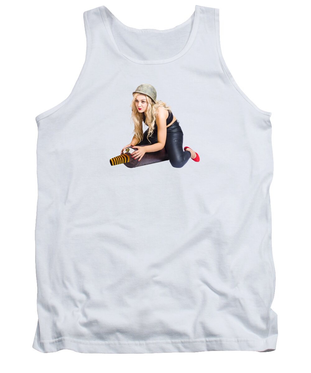Army Tank Top featuring the photograph Danger pin up girl riding on nuclear bomb by Jorgo Photography
