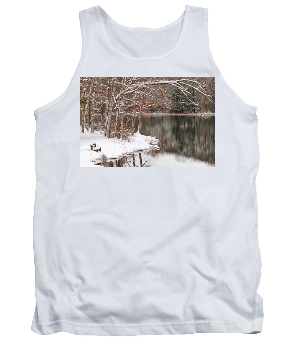 Wintertime Snow Trees Lake Bench Reflections Tank Top featuring the photograph Empty Bench by Scott Burd