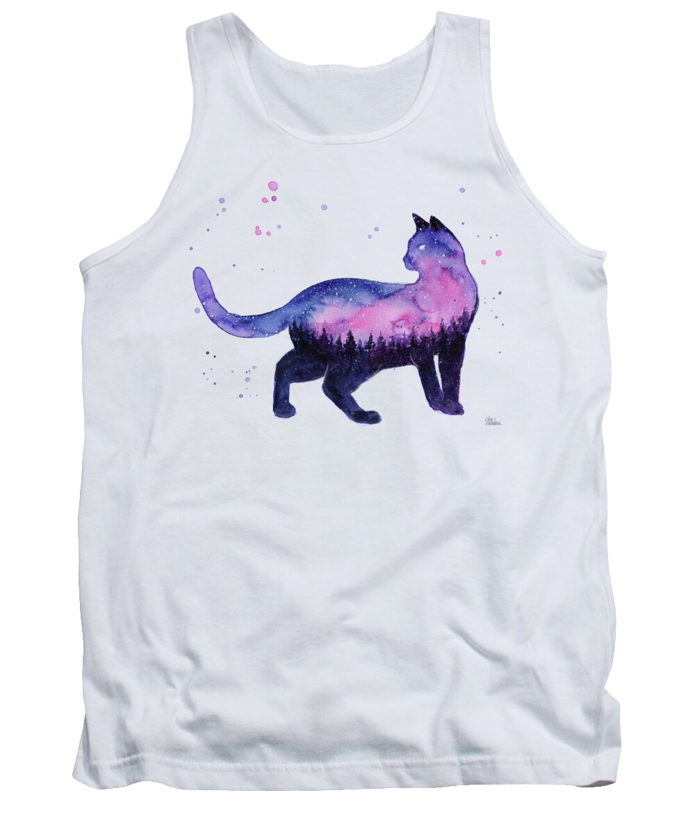 Nebula Tank Top featuring the painting Galaxy Forest Cat by Olga Shvartsur