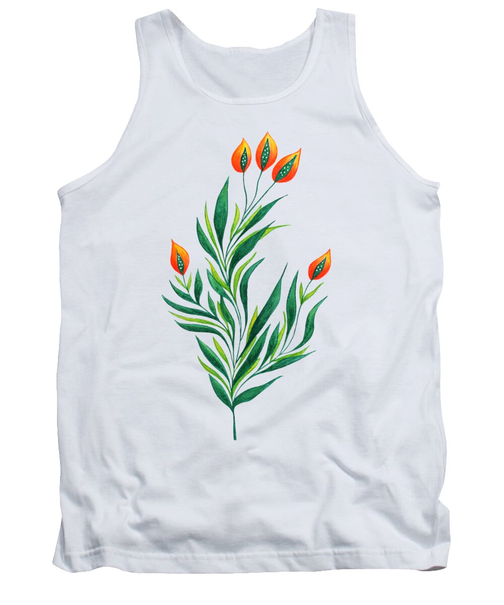 Green Tank Top featuring the drawing Green Plant With Orange Buds by Boriana Giormova
