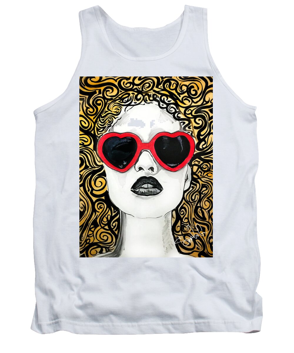Glasses Heart Hearts Lips Hair Abstract Tribal Woman Lady Girl Female Love Eyes Shades Cool Sexy Mouth Feminine Gold Glitter Hot Tank Top featuring the painting Her hair a buzz, heart glasses just because by Sergio Gutierrez