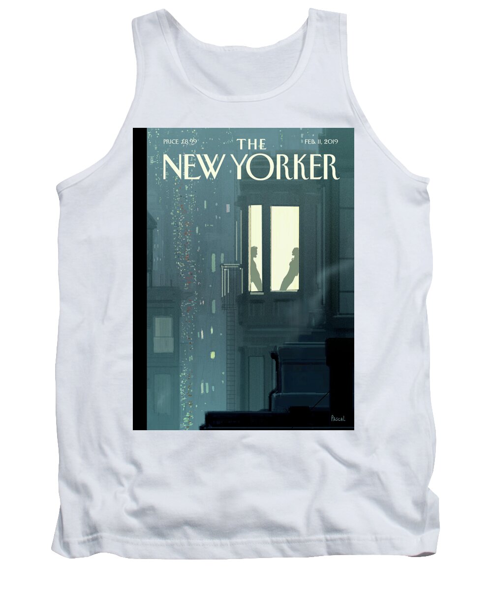 Love Interest Couple Valentines Day City Apartment Window Silhouette Man And Woman Leaning Cityscape Love Misty Evening #condenastnewyorkercover Tank Top featuring the painting Love Interest by Pascal Campion