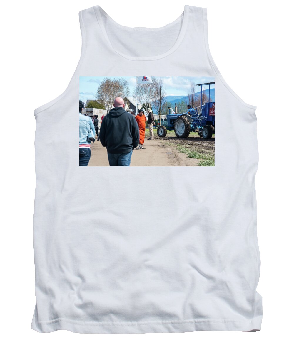 Monk And Tractor Tank Top featuring the photograph Monk and Tractor by Tom Cochran