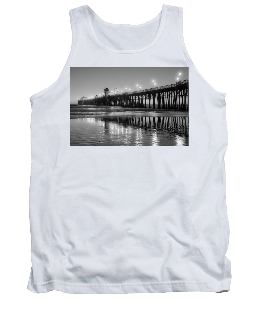 Oceanside Pier Tank Top featuring the photograph Oceanside California Pier Night Lights Black and White by Catherine Walters