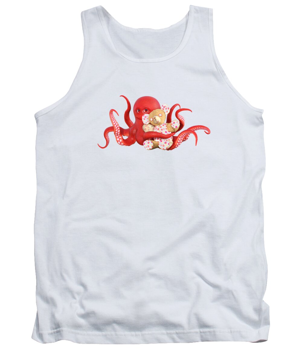 Octopus Tank Top featuring the digital art Octopus Red with Bear by Betsy Knapp