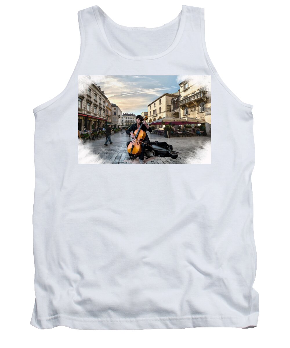 Music Tank Top featuring the mixed media Street Music. Cello. by Alex Mir