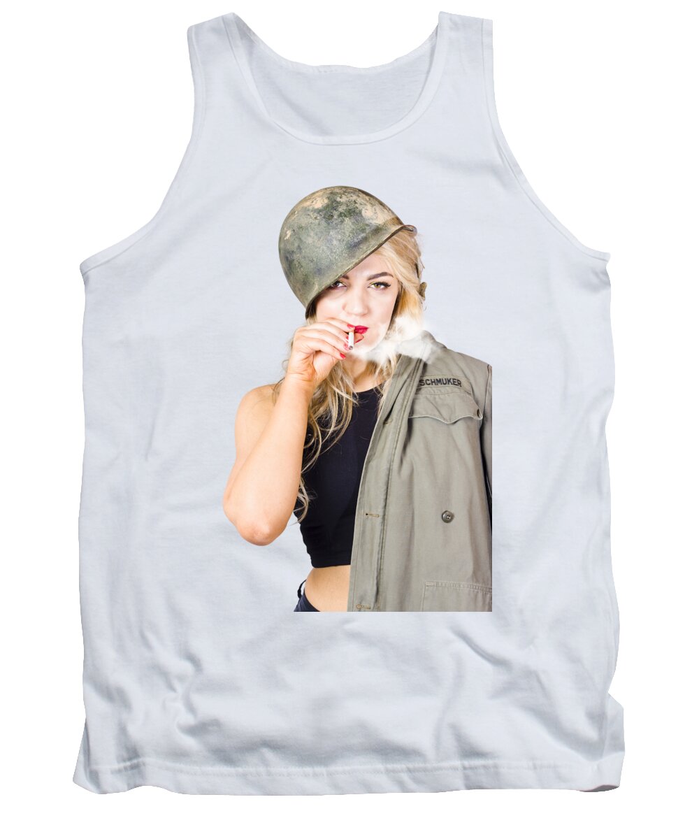 Military Tank Top featuring the photograph Tough and determined female pin-up soldier smoking by Jorgo Photography