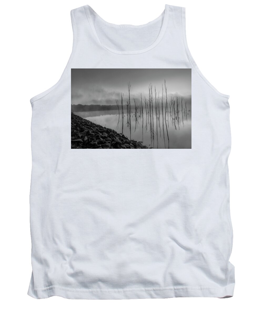 Manasquan Tank Top featuring the photograph Trees Emerge At Dawn BW by Susan Candelario