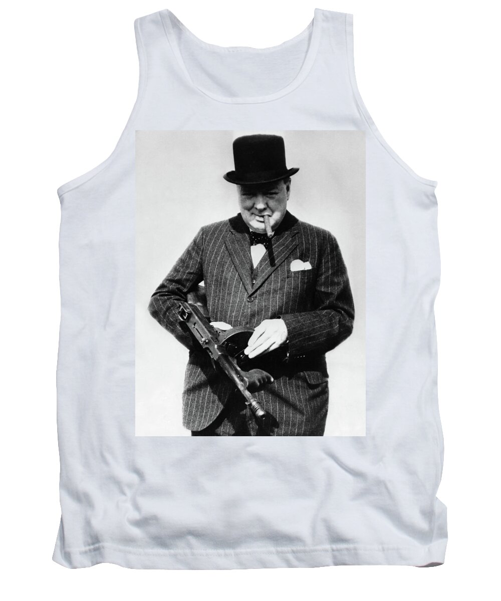 Winston Churchill Tank Top featuring the painting Winston Churchill with Tommy Gun by English School