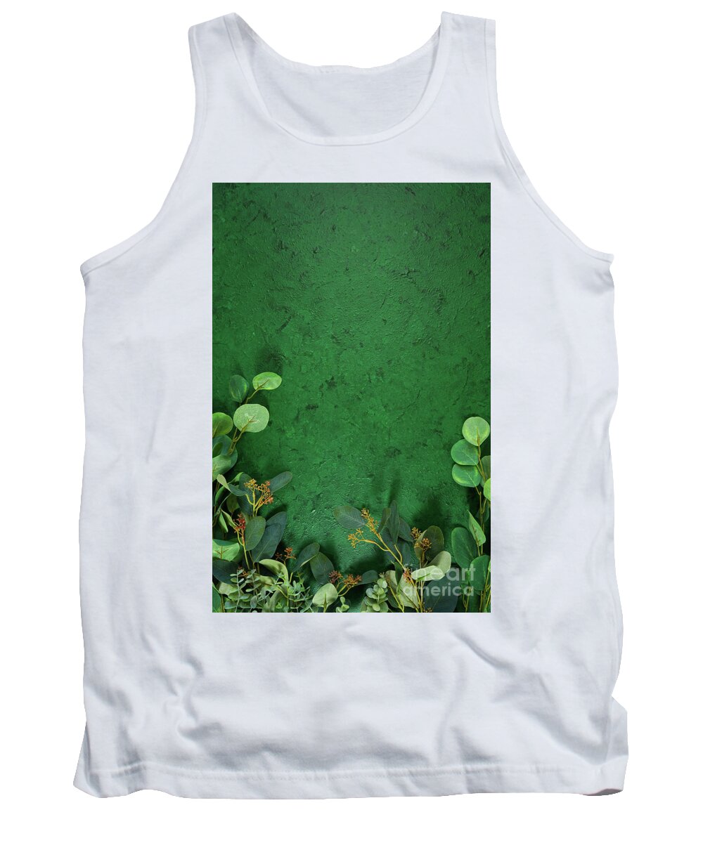 Dark Green Tank Top featuring the photograph Dark green aesthetic nature theme creative layout flat lay background. #1 by Milleflore Images