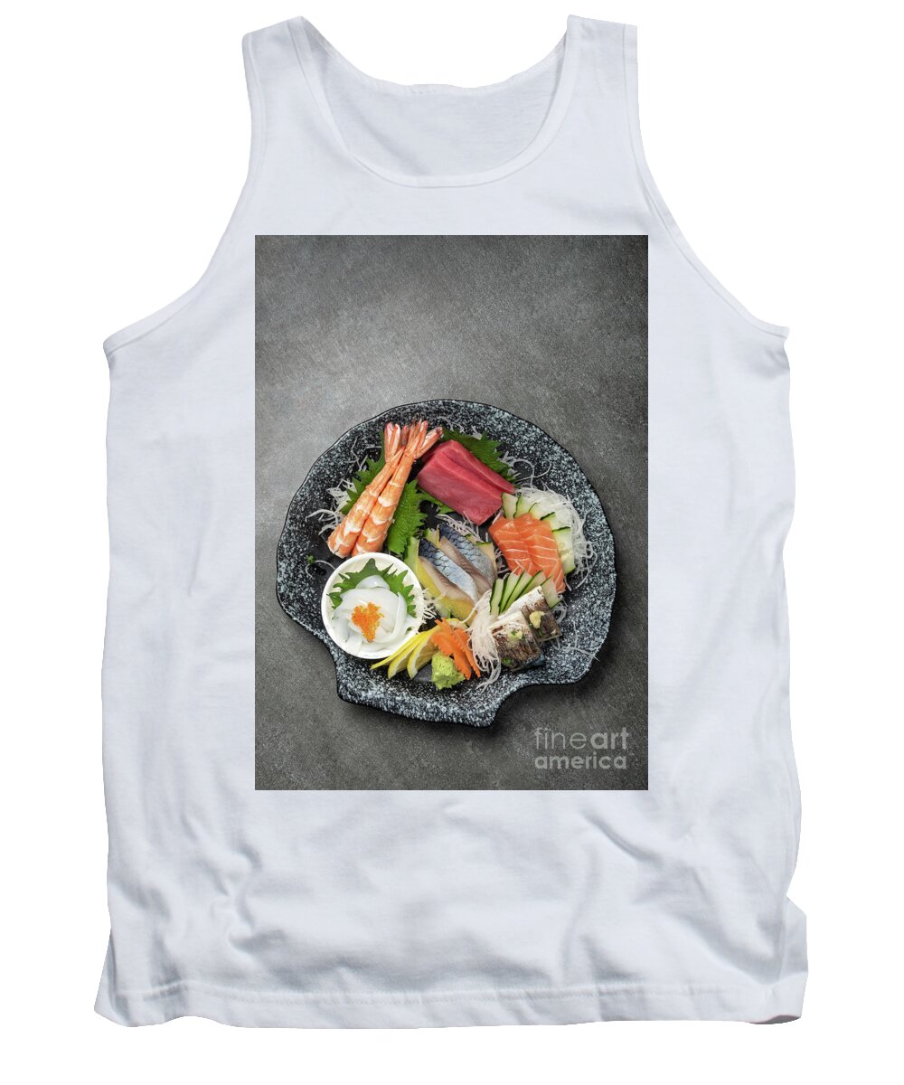 Asia Tank Top featuring the photograph Mixed Sashimi Plate In Japanese Restaurant On Grey Background #1 by JM Travel Photography