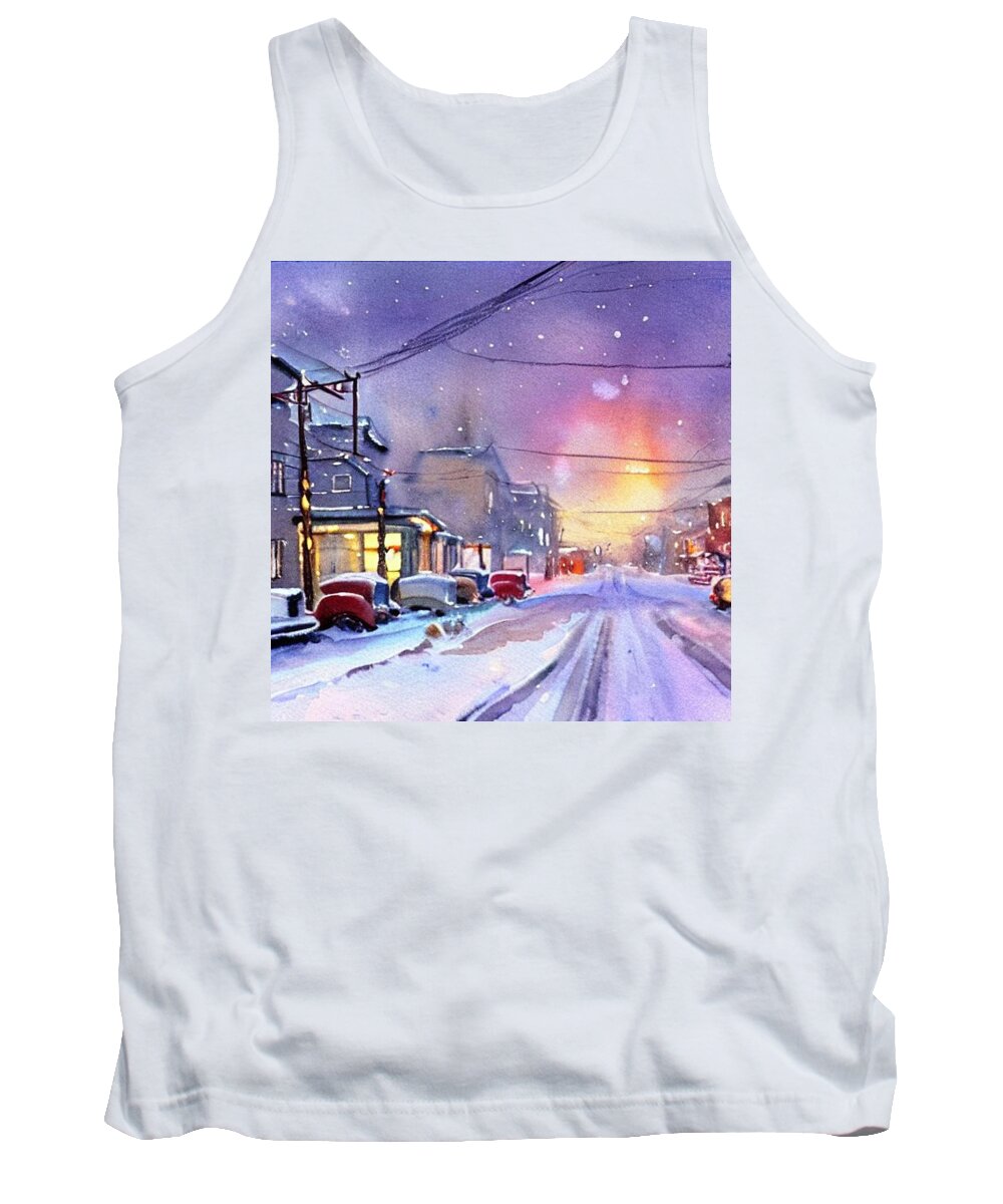 Watercolor Tank Top featuring the painting 1950s Streetscape in Winter by Christopher Lotito