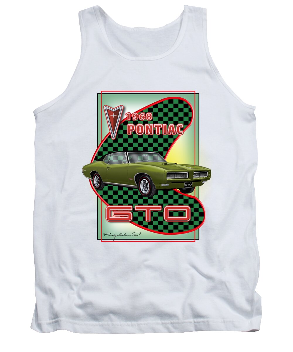 Pontiac Tank Top featuring the drawing 1968 Pontiac GTO GREEN Muscle Car Art by Alison Edwards
