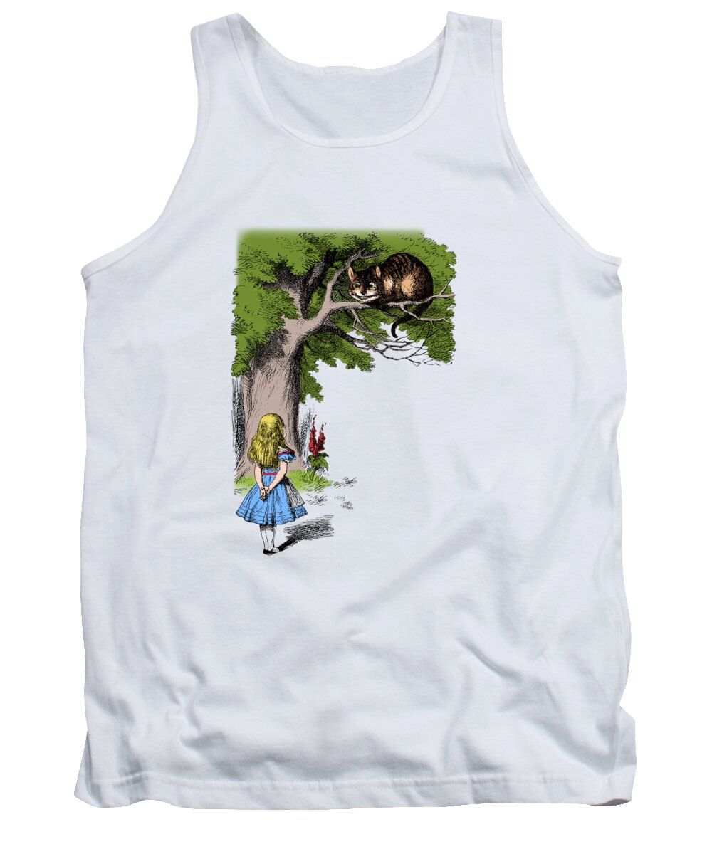 Alice In Wonderland Tank Top featuring the mixed media Alice and the Cheshire Cat by Madame Memento