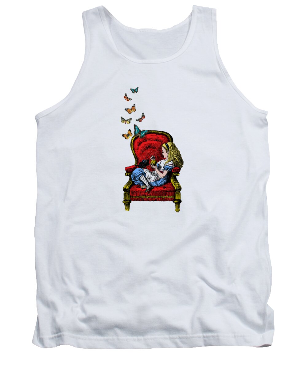Alice In Wonderland Tank Top featuring the digital art Alice in red chair by Madame Memento