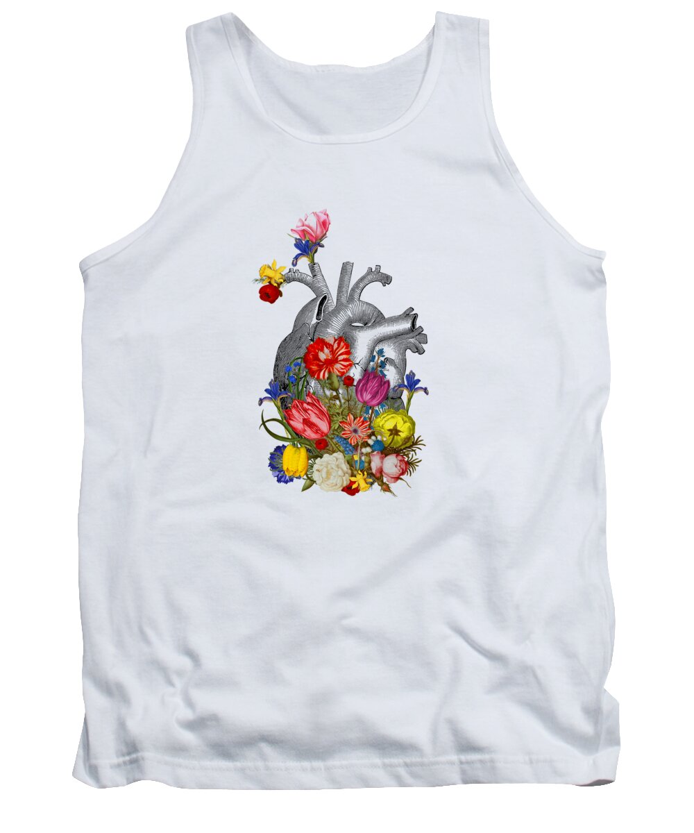 Heart Tank Top featuring the digital art Anatomical Heart With Colorful Flowers by Madame Memento