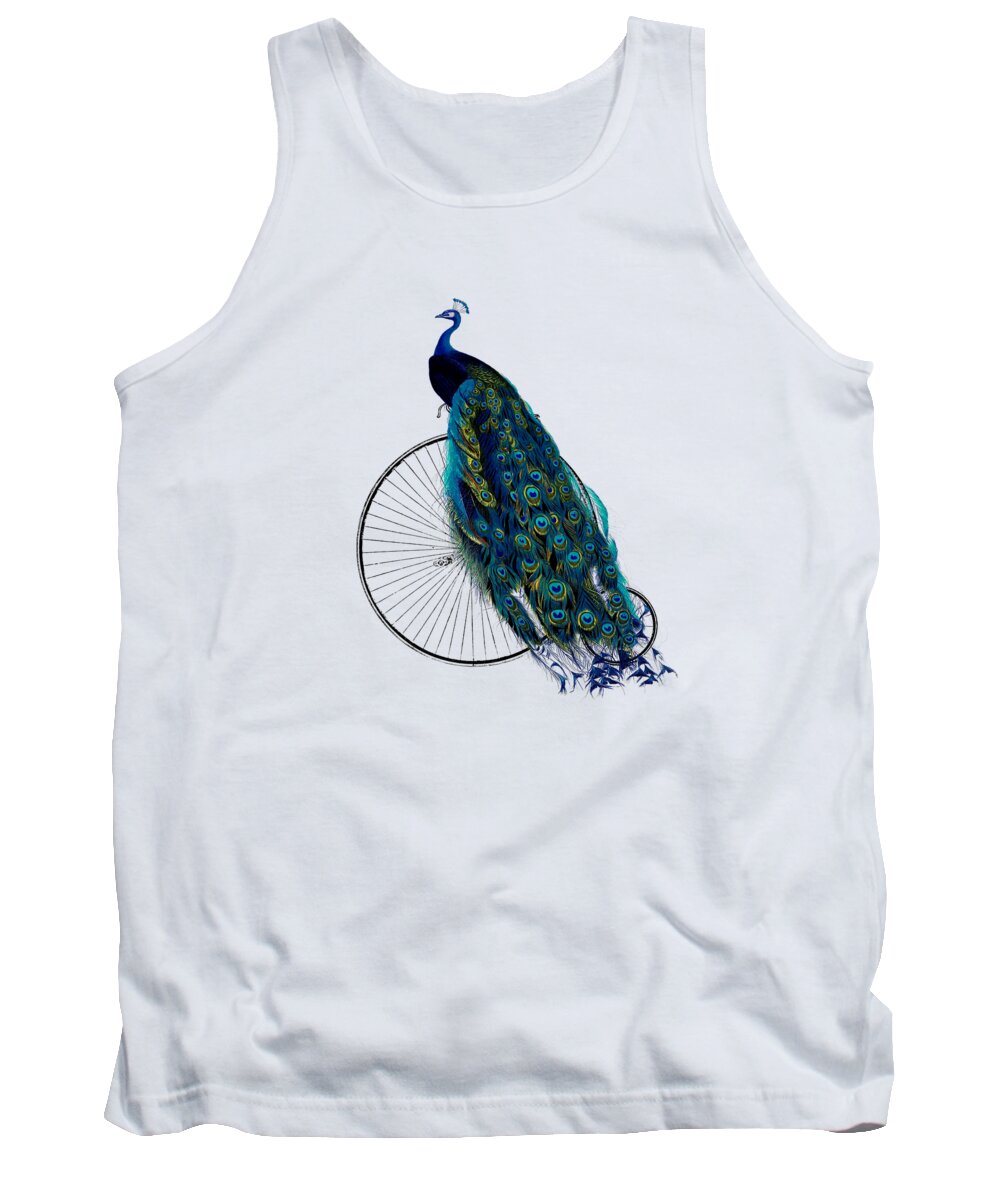 Regal Tank Top featuring the digital art Peacock On A Bicycle, Home Decor by Madame Memento