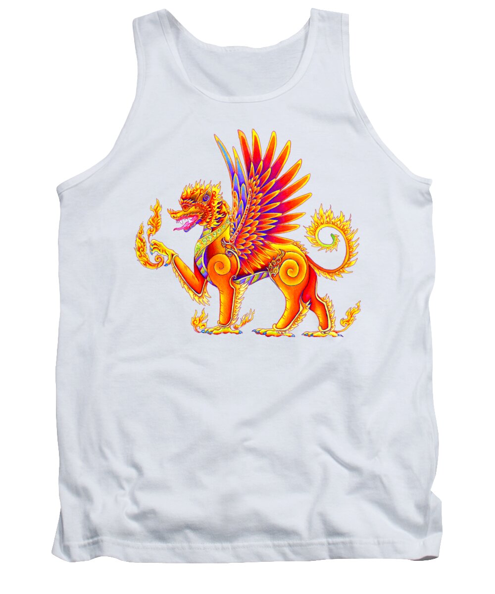 Singha Tank Top featuring the drawing Singha Balinese Winged Lion by Rebecca Wang