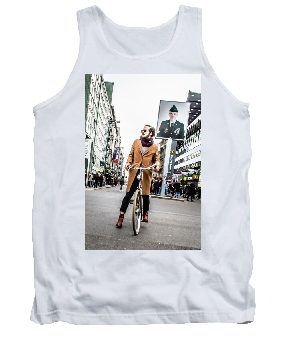 Berlin Tank Top featuring the photograph Berlin Hipster on BIcycle at Checkpoint Charlie by Tito Slack