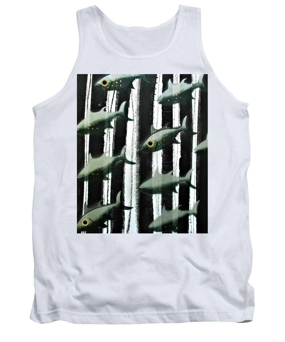 Fish Tank Top featuring the painting Black and White Fish by Joan Stratton