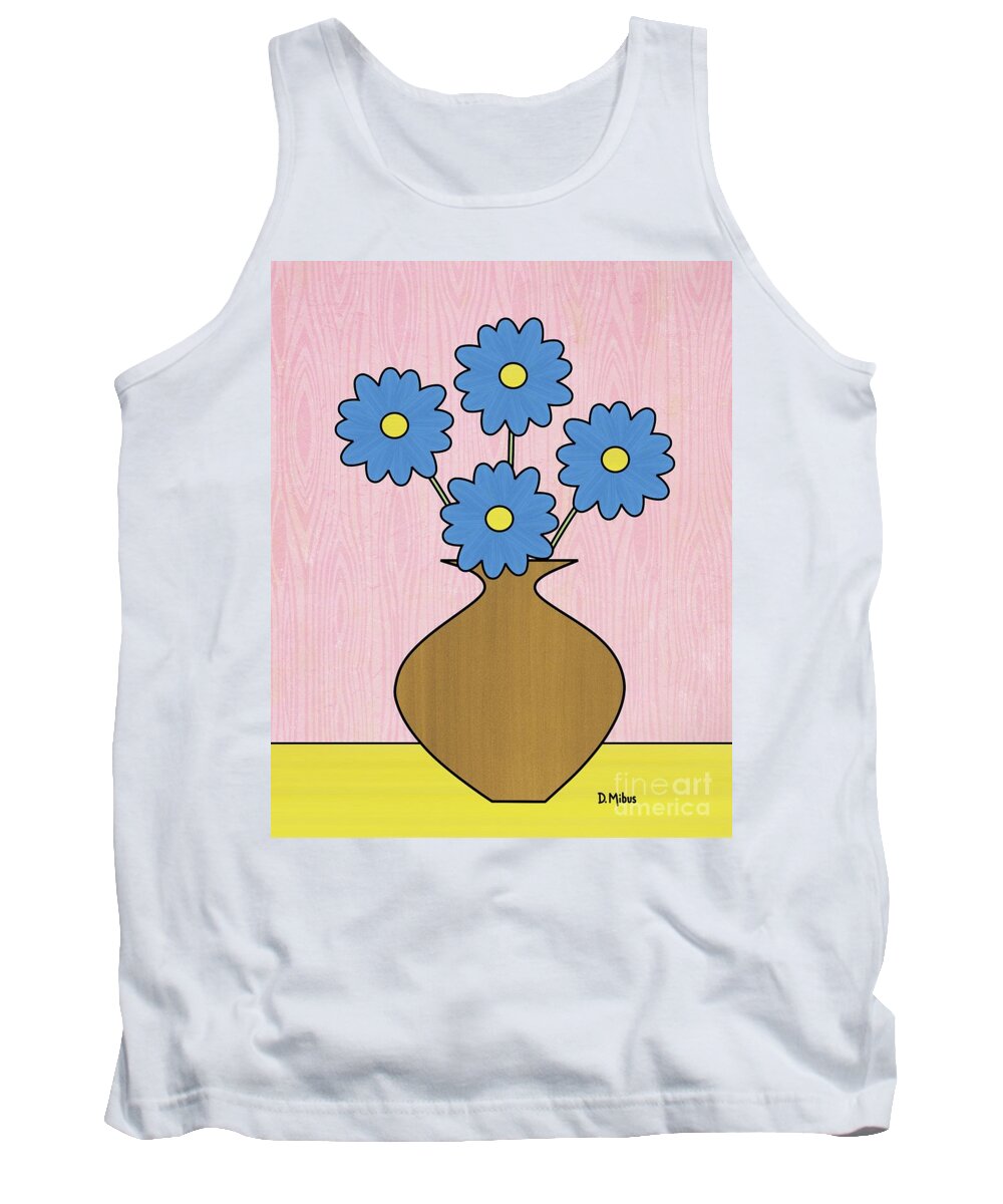 Mid Century Floral Tank Top featuring the mixed media Blue Flowers in Brown Vase by Donna Mibus