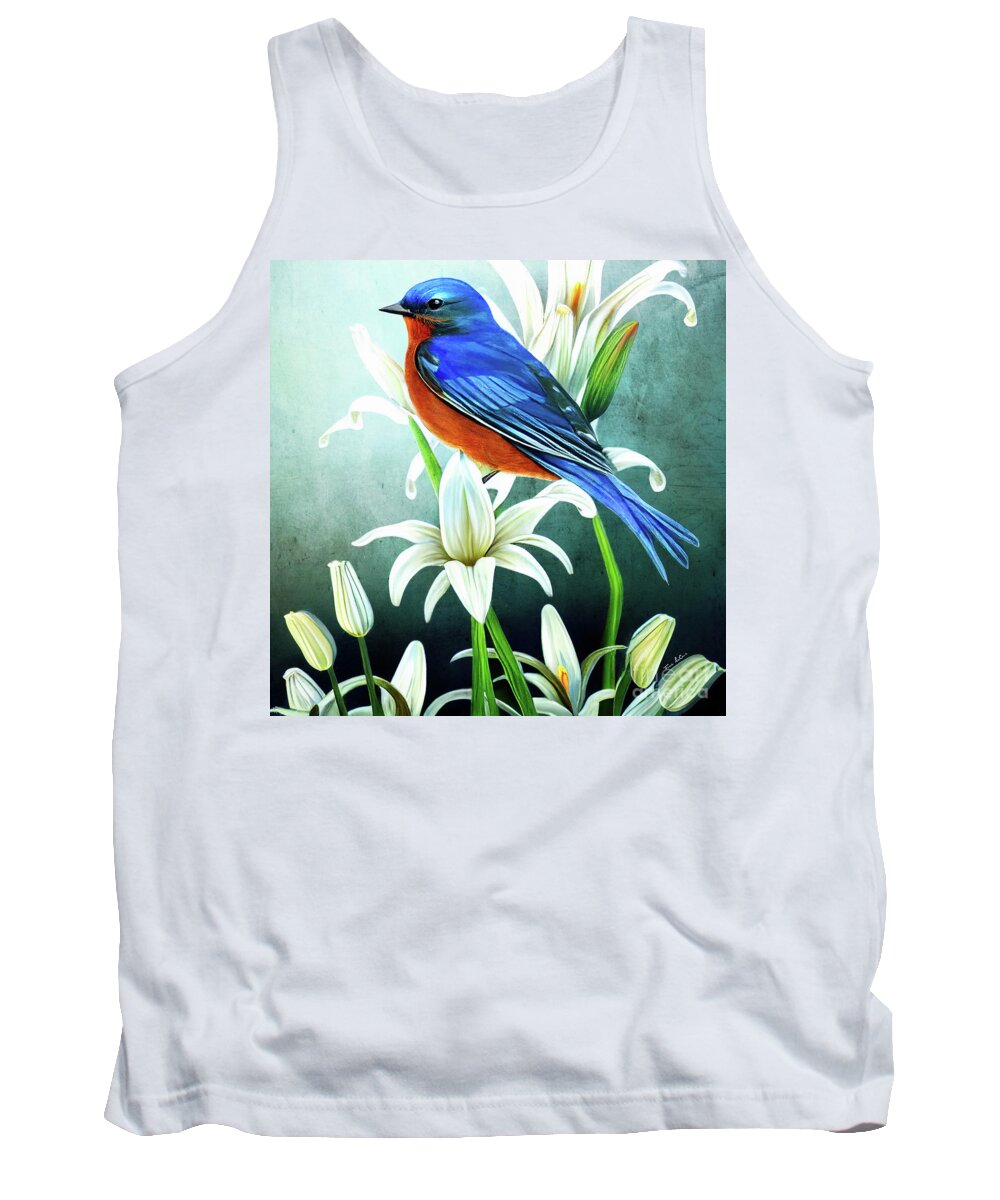 Eastern Bluebird Tank Top featuring the painting Bluebird In The Lilies by Tina LeCour