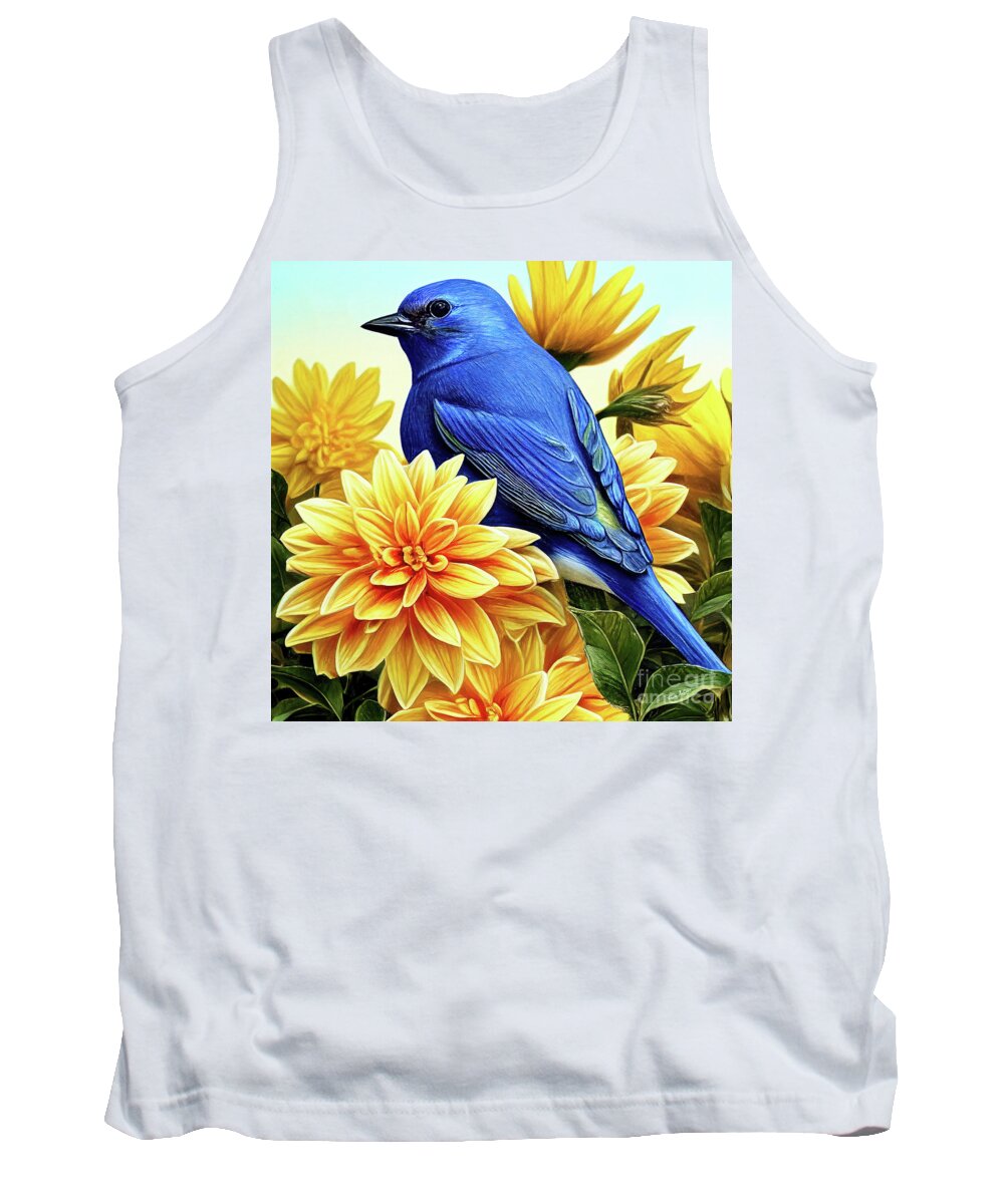Eastern Bluebird Tank Top featuring the painting Bluebird In The Yellow Peonies by Tina LeCour