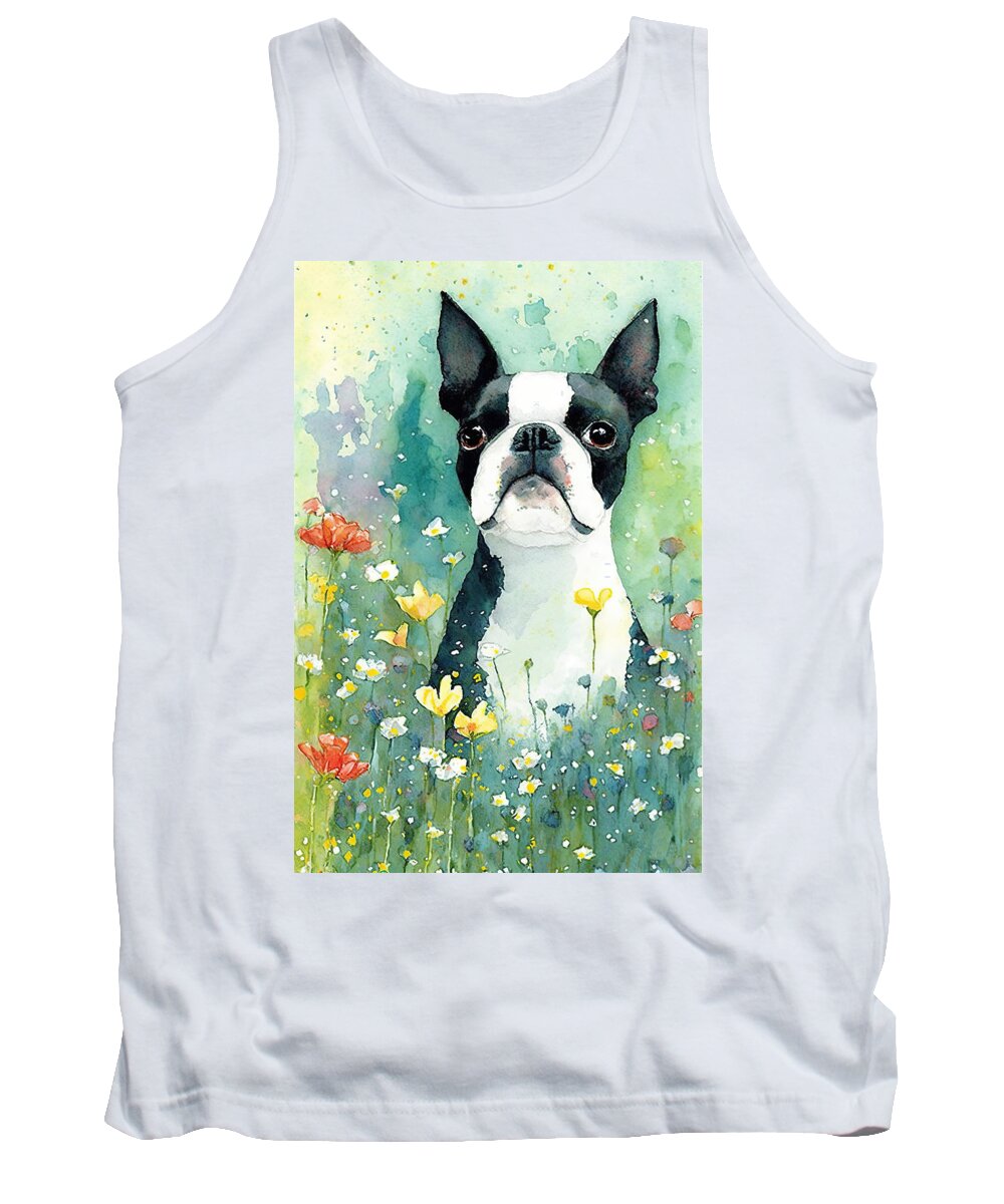 Boston Terrier Tank Top featuring the digital art Boston Terrier in a flower field 4 by Debbie Brown