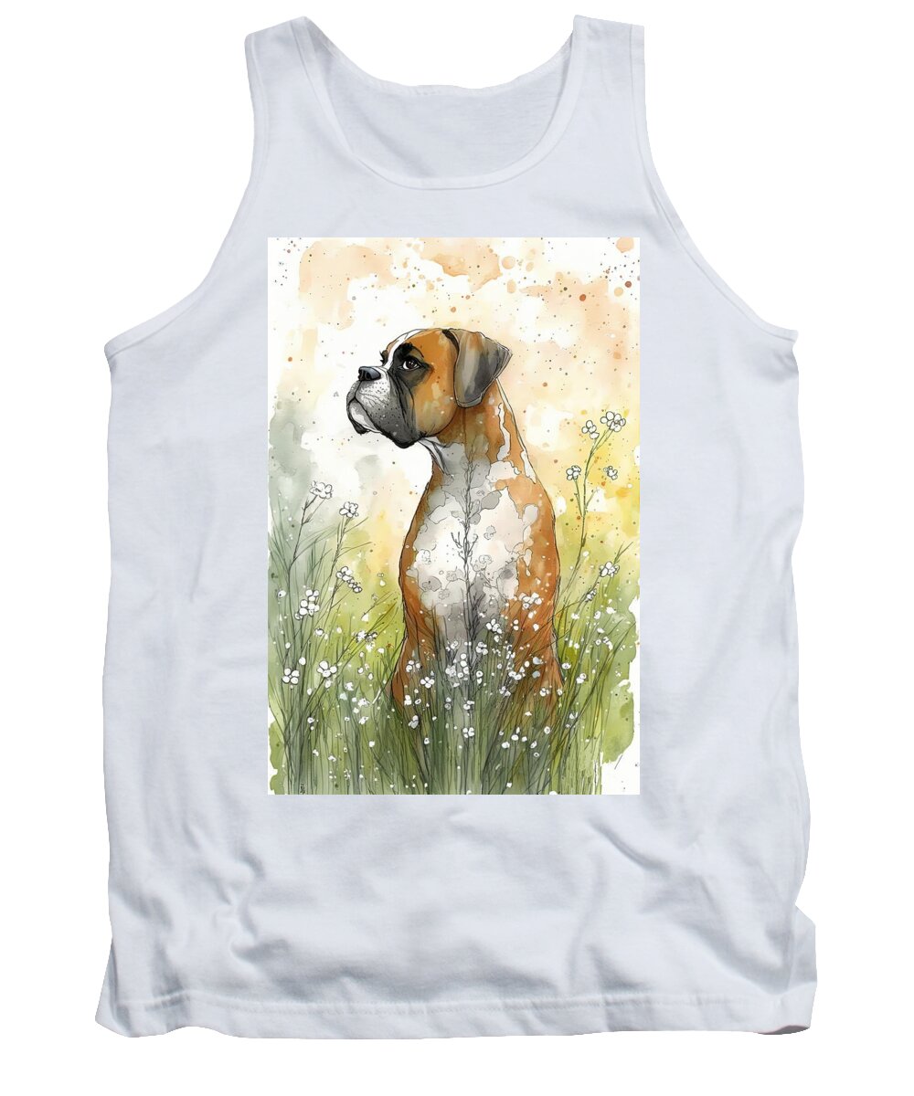Boxer Tank Top featuring the digital art Boxer in a flower field by Debbie Brown