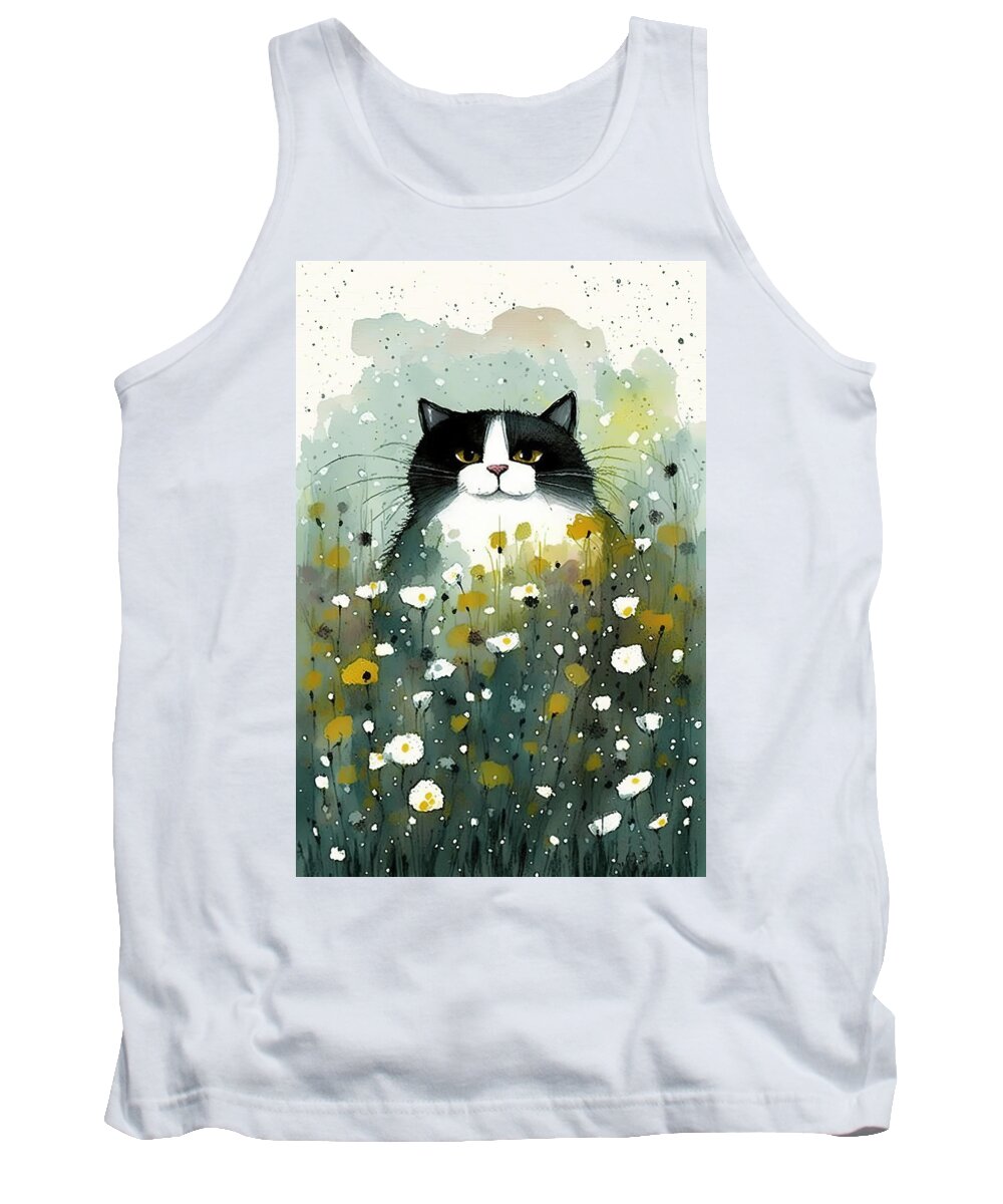 Cat Tank Top featuring the digital art Cat in a flower field by Debbie Brown