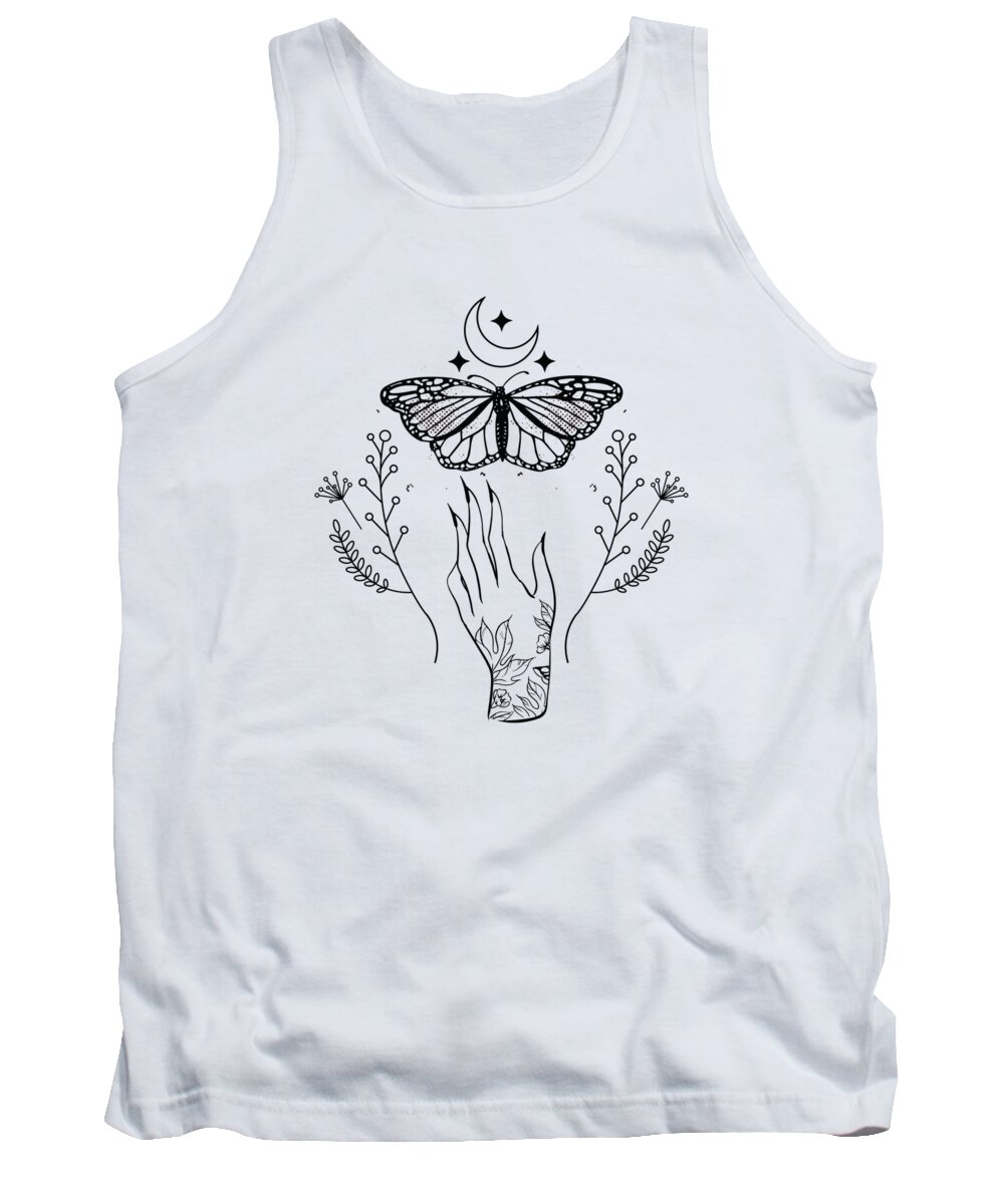 Celestial Tank Top featuring the digital art Celestial Butterfly Moon Line Art Night Sky Stars by Toms Tee Store