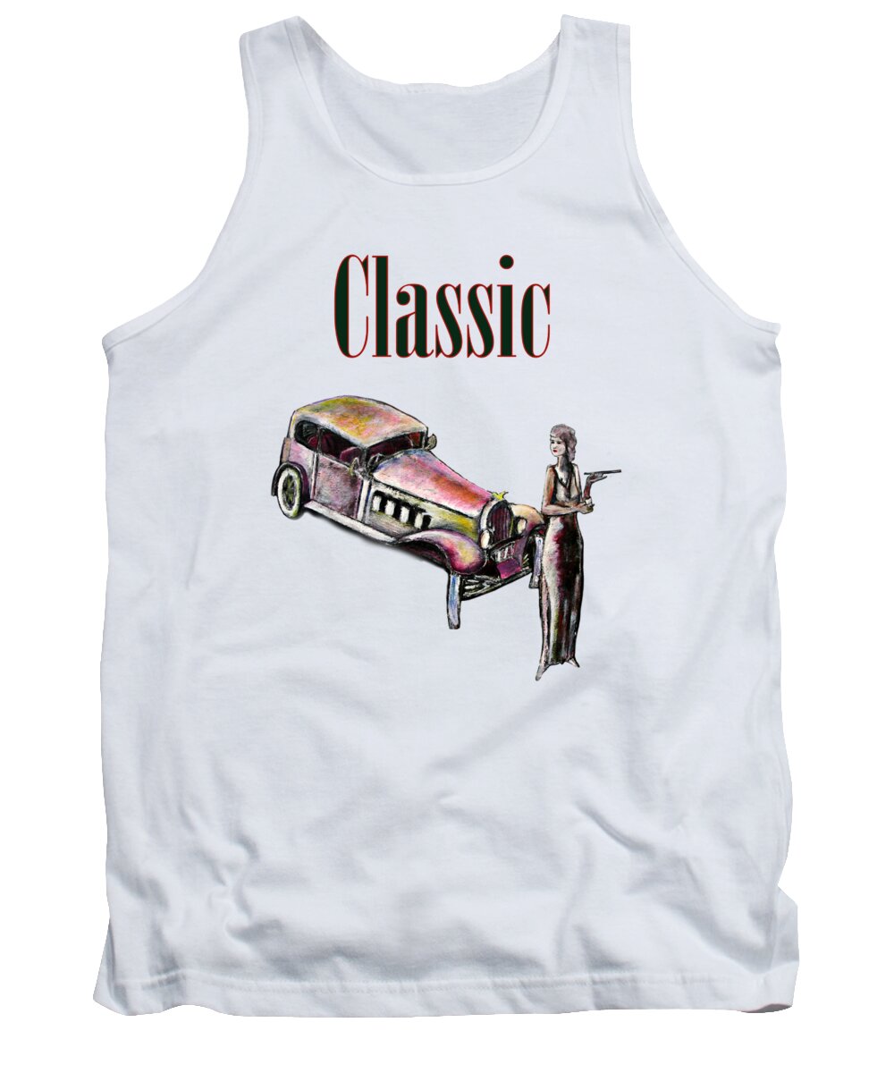Car Tank Top featuring the painting Classic car and art deco girl by Tom Conway