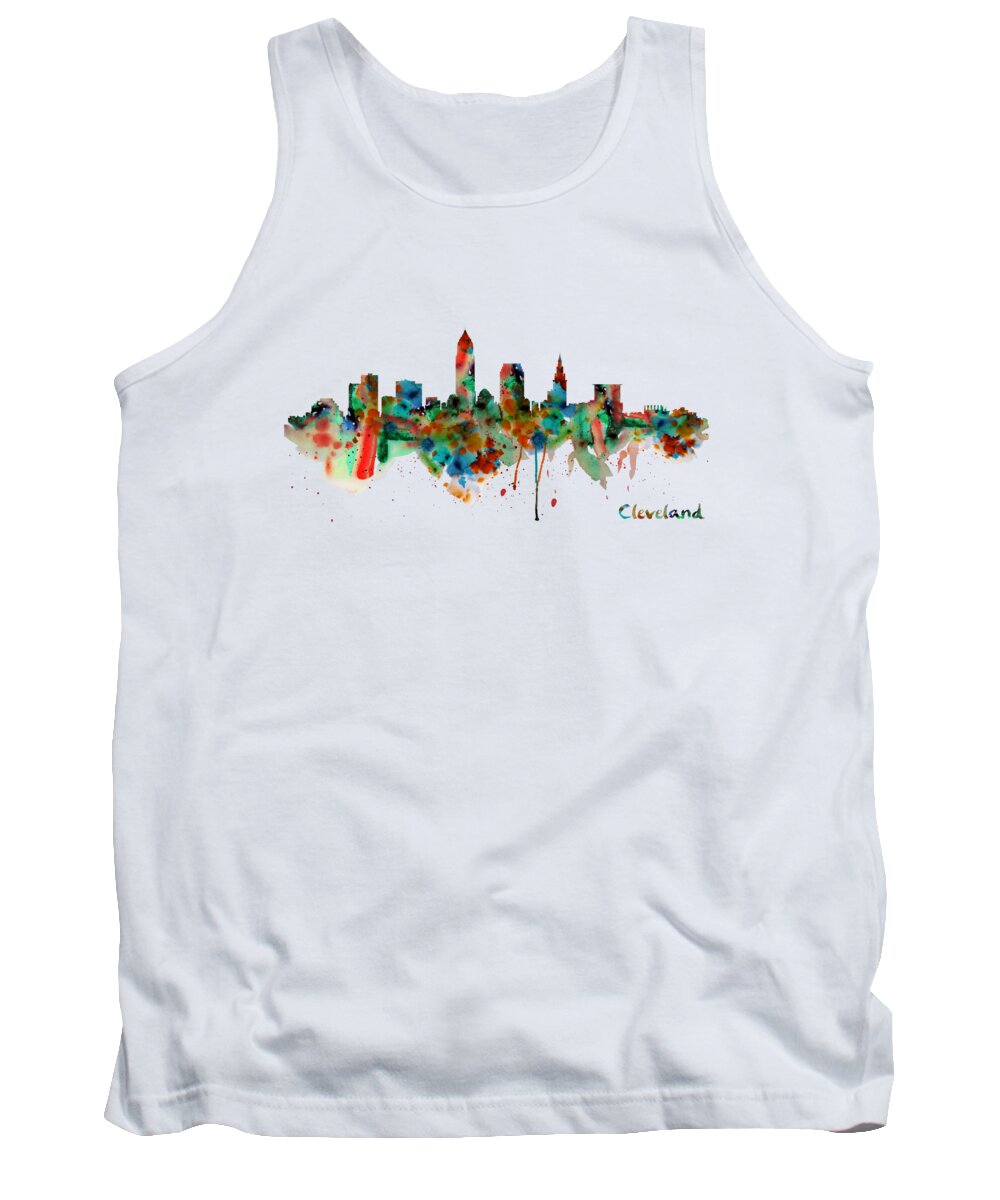 Marian Voicu Tank Top featuring the painting Cleveland Watercolor Skyline by Marian Voicu