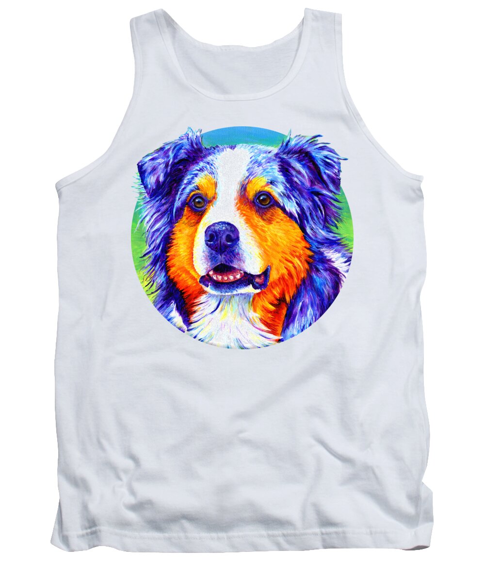 Australian Shepherd Tank Top featuring the painting Colorful Blue Merle Australian Shepherd Dog by Rebecca Wang