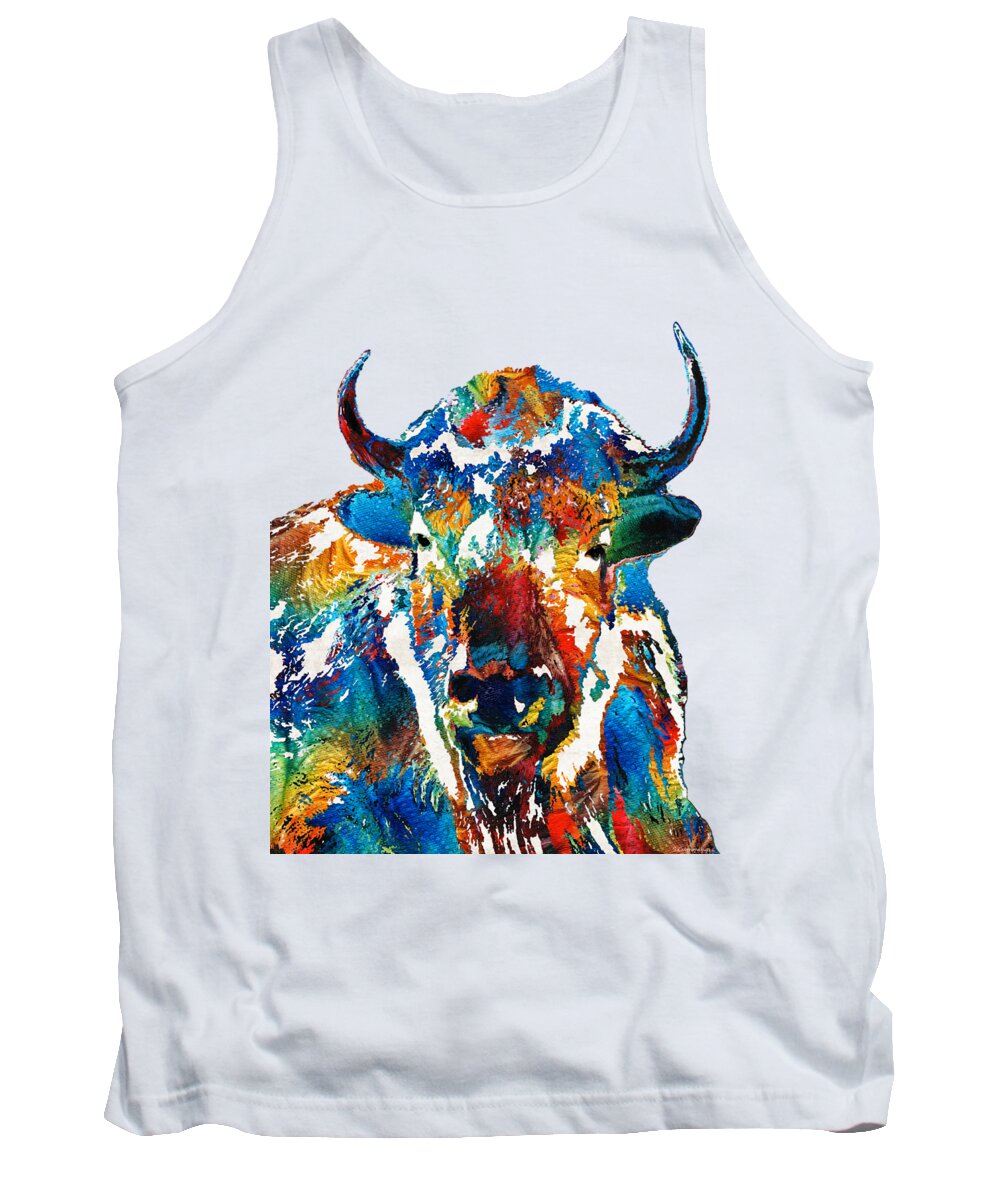 Buffalo Tank Top featuring the painting Colorful Buffalo Art - Sacred - By Sharon Cummings by Sharon Cummings