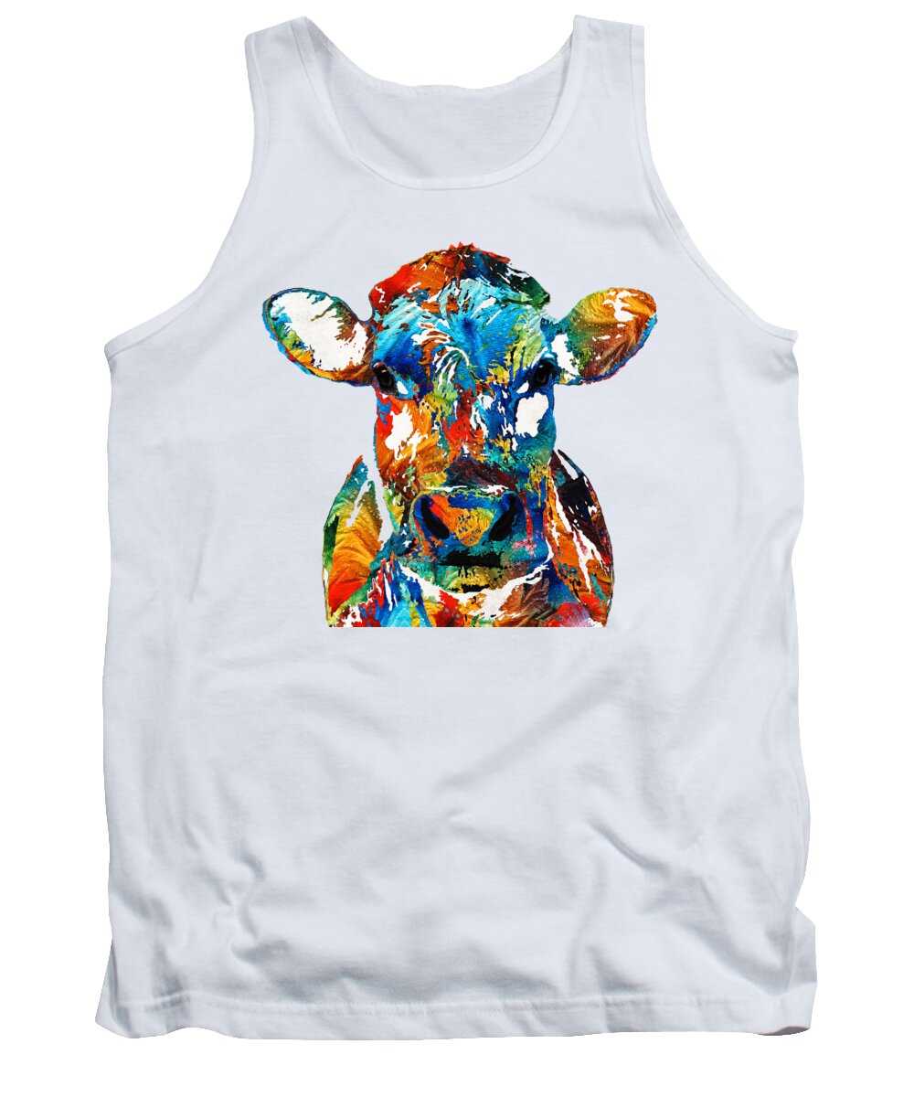 Bull Tank Top featuring the painting Colorful Cow Art - Mootown - By Sharon Cummings by Sharon Cummings