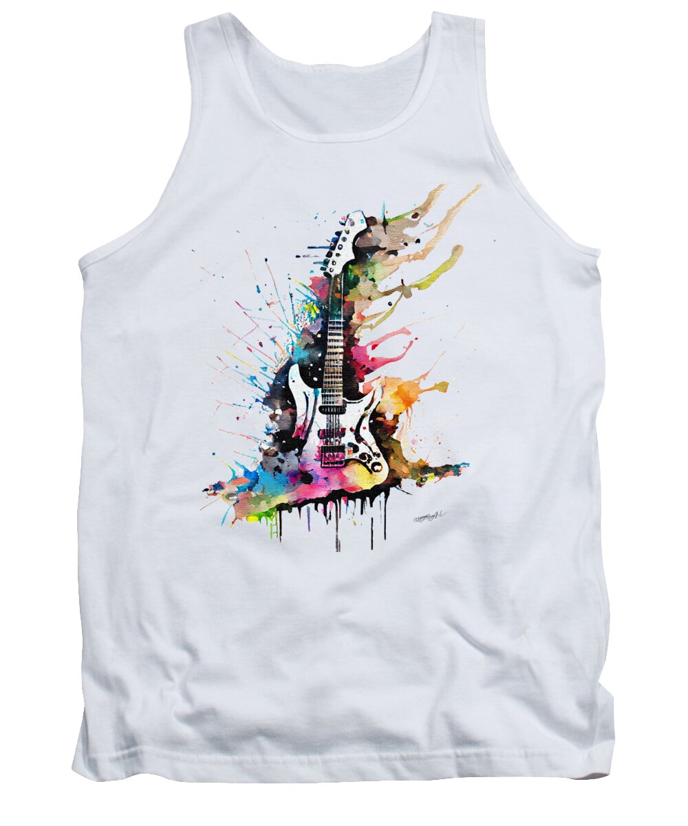 Music Tank Top featuring the digital art Colorful Watercolor guitar illustration on white background by OLena Art
