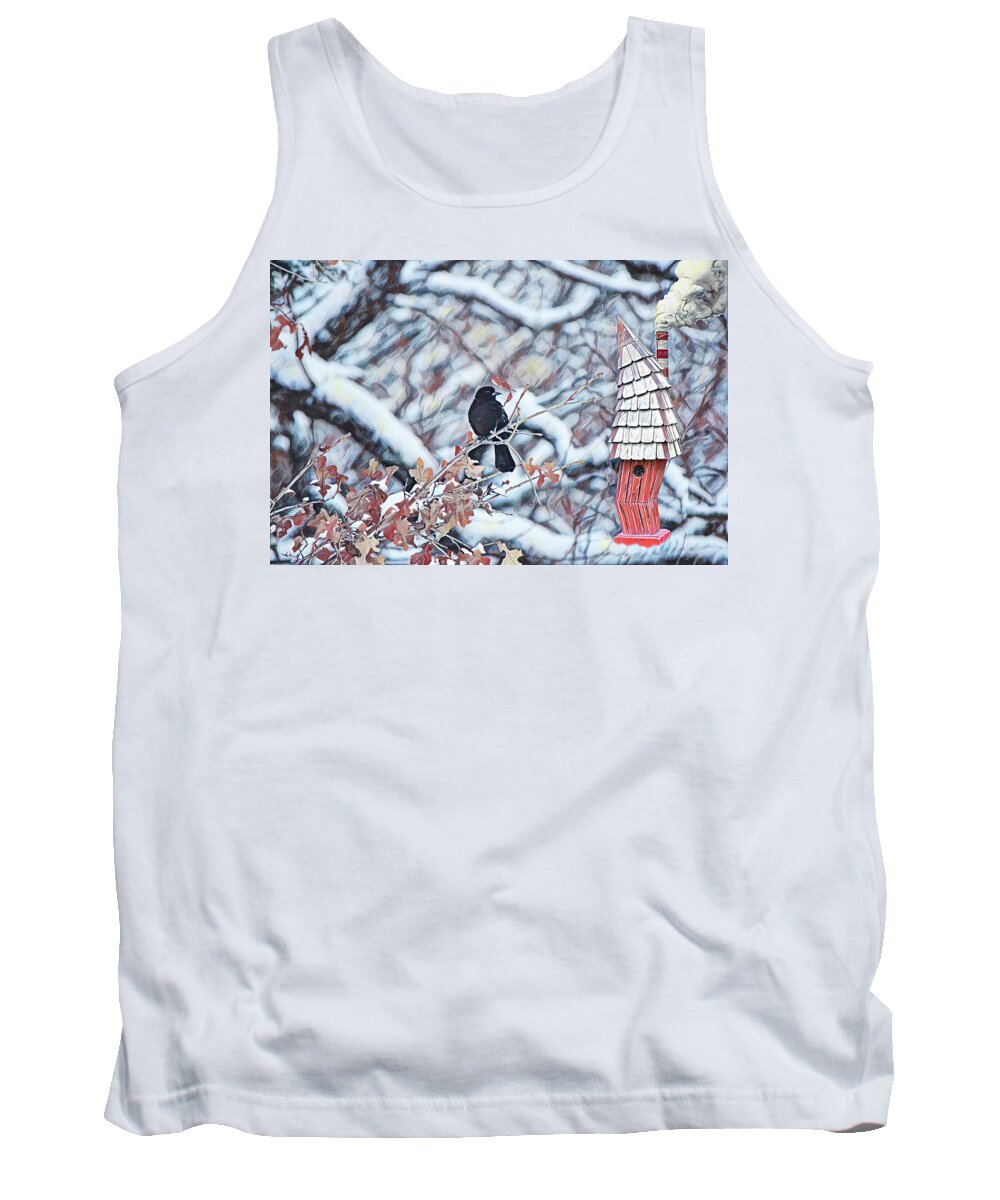 Bird Tank Top featuring the digital art Cozy Birdhouse But Too Small by Gaby Ethington