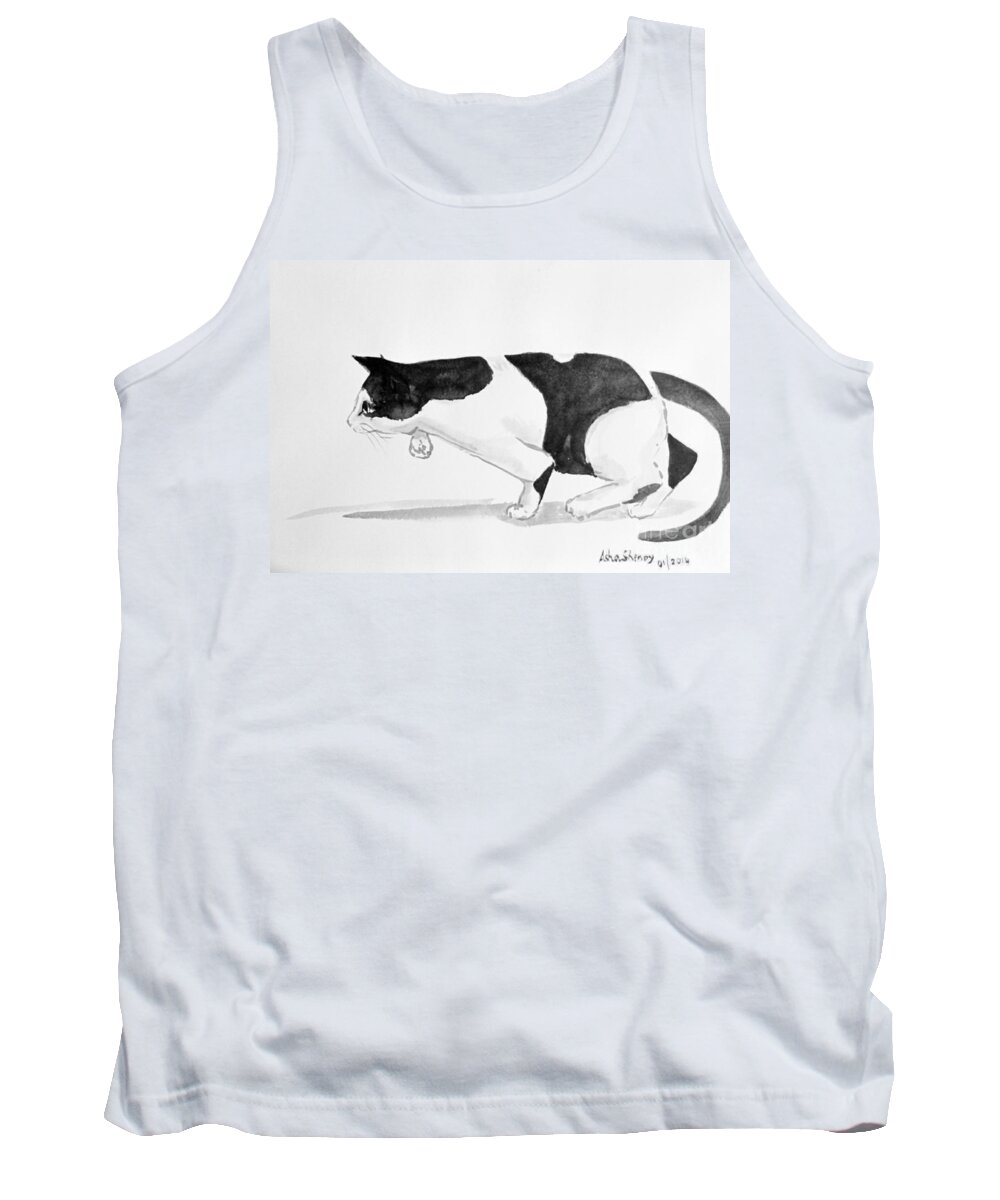 Sumi-e Painting Tank Top featuring the painting Crouching cat by Asha Sudhaker Shenoy