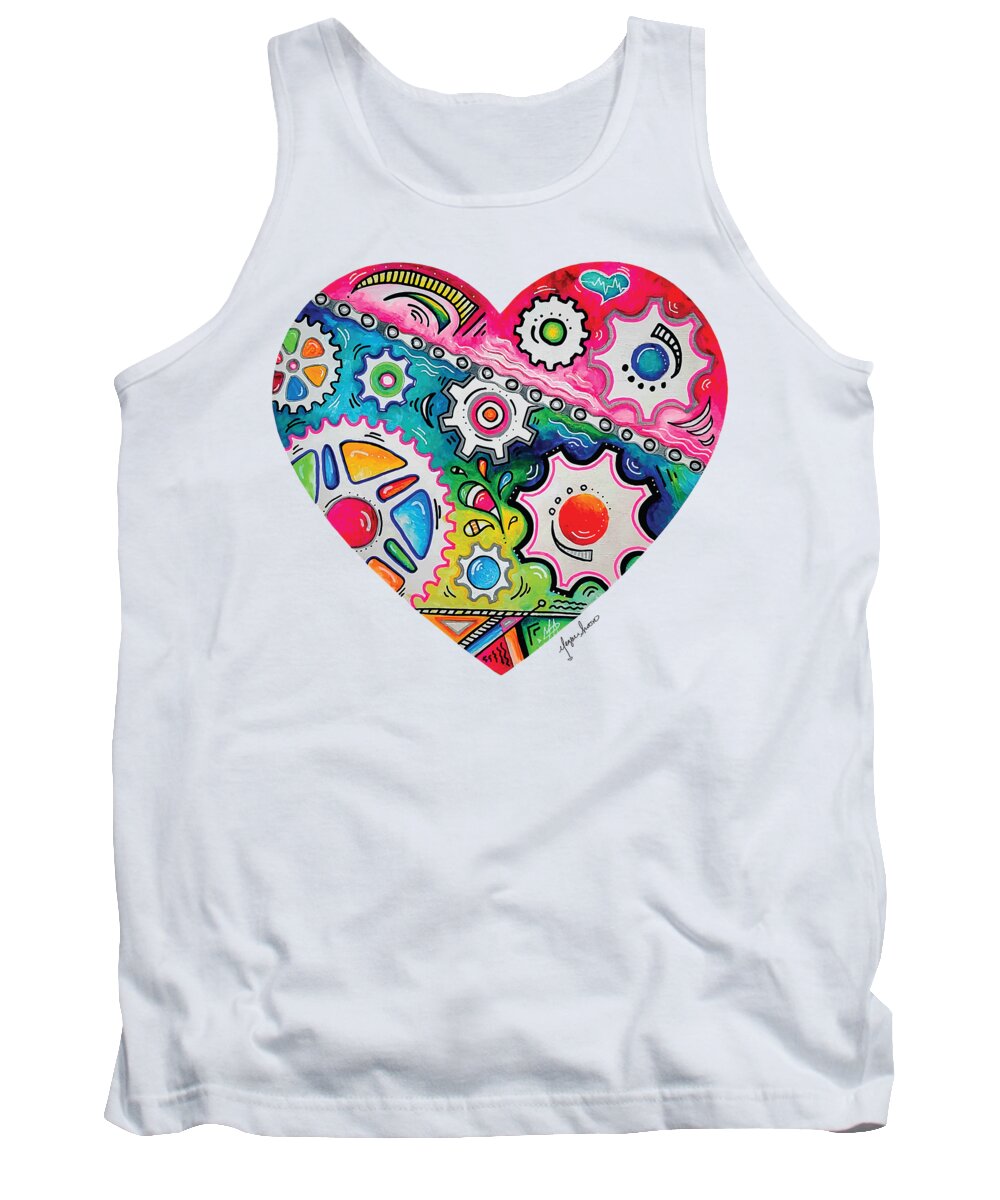 Cycling Tank Top featuring the painting Cycling Gears Chain PoP Art Original Love Heart Painting by Traveling Cyclist Artist MeganAroon #8 by Megan Aroon